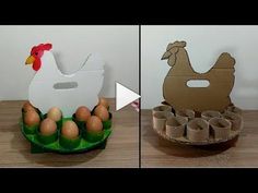 an egg carton with eggs in it next to a cardboard chicken