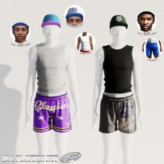 three male mannequins wearing different sports shorts and hats, all with the same name on them