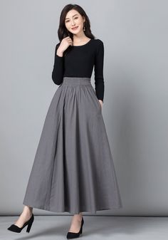 "Get dressed and out of the door in classic good looks with this pleated Long maxi skirt, crafted with soft cotton linen fabric, featuring pleated waist detail and two big pockets. DETAIL * 50% linen,50% cotton * Pleated around waist * Two pockets * Around waist elastic * Plus size skirt * Full skirt, swing skirt * Perfect for spring and summer, autumn * More color SIZE GUIDE Size vary between Brand and Country Please get your body measurement with our Size Guide And Find your size in our Size C Plus Size Summer Outfits Skirts, Solid Color Long Skirt With Pleated Waist, Long Skirt With Pleated Waist In Solid Color, Gray Long Pleated Skirt, Gray Relaxed Maxi Skirt With Lined Skirt, Gray Relaxed Maxi Skirt With Lining, Gray Relaxed Fit Lined Maxi Skirt, Gray Relaxed Fit Maxi Skirt With Lining, Elegant Mini Skirt With Pockets