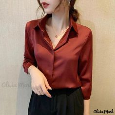 Olivia Mark - Long Sleeve Blouse with Dazzling Design Long Sleeve Blouse Designs, Ladies Chiffon Shirts, Solid Color Outfits, Clothes Korean Style, White Shirts Women, Cotton Long Sleeve Shirt, Loose Outfit, Chiffon Shirt, Wine Red