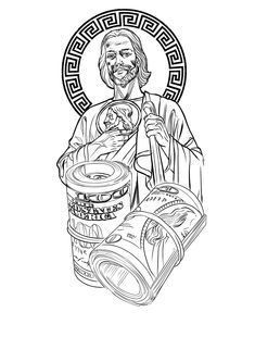 the jesus holding a cup of coffee and some other items in his hand, while he is