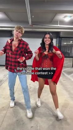 two people standing in an empty garage with one person wearing a red shirt and blue jeans