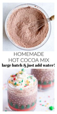 homemade hot cocoa mix in a glass jar with whipped cream and sprinkles