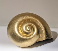 a golden snail shell sitting on top of a white surface