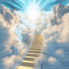 stairway leading to heaven with bright light coming from behind the stairs and clouds in the sky