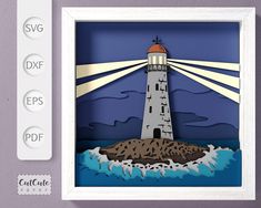 an image of a paper cut lighthouse in the ocean