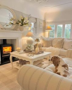 a dog sitting on the couch in front of a fire place