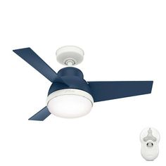 a white ceiling fan with blue blades and a light on it's side next to a remote control