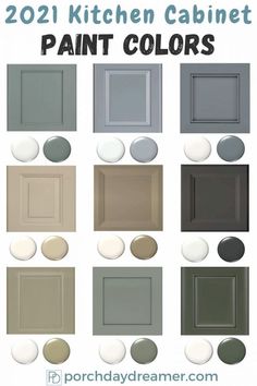 the different paint colors for kitchen cabinets are shown in this image with text overlay