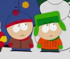 the south park characters are standing in front of a snowman