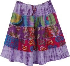 If you like tie-dye and colors, and looking for a fun summer short skirt, this is it! This bright and colorful skirt is sewn in five tiers of cotton, with three bright prints and the top and the bottom in tinsel fabric, and then tie dyed in purple color. The elastic waistline allows for an adjustable fit, and the skirt is above the knee-length. Easy choice for a fun, special outing. A fun, attractive light-weight cotton voile skirt that has no lining. It is bound to get you envious looks due to The Little Bazaar, Short Boho, Skirt Petite, Colorful Skirt, Short Summer Skirts, Bright Prints, Clothes Skirts, Skirt Beach, Colorful Skirts