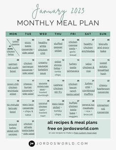 a meal planner with the words, months and dates in green on top of it