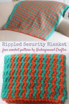 an orange and green crocheted pillow sitting on top of a white couch next to a