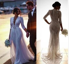 two pictures of people in wedding dresses and one is holding hands