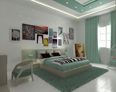 a modern bedroom with green and white decor