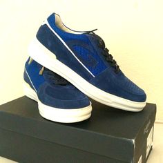 Men's Casual Classic Sneaker Shoes . Made In Portugal New With Box Blue High-top Sneakers For Walking, Blue Suede Sneakers With Removable Insole, Modern Blue Sneakers With Removable Insole, Modern Blue Sneakers With Perforations, Men Suede, Sneaker Shoes, Blue Sneakers, Classic Sneakers, Men's Casual