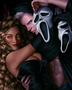 a painting of two people dressed up as ghost and lady with long hair hugging each other