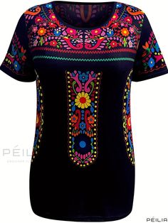 Peilia - Elegant Floral Print Ethnic T-shirt for Women, Boho Crew Neck Short Sleeve Summer Top, Stylish Womens Clothing Top Sewing Patterns, Outfit With Jeans, Boho Fits, Casual Festival, Tank Top Bodysuit, Tank Top And Shorts, Layered Tank, Layered Tank Top, Top Sewing