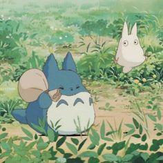 two cartoon characters sitting in the grass with plants and bushes around them, one is staring at another character