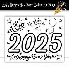 a happy new year coloring page with fireworks and confetti in the background,