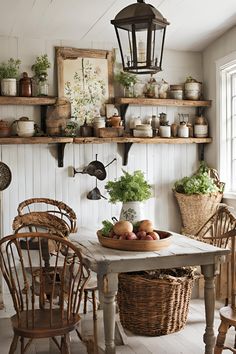 a table with some vegetables on top of it and two chairs in front of it