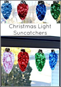 christmas light suncatchers are hanging from the window sill in front of a tree