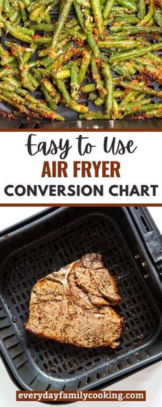 an air fryer with meat and green beans on it, and the words easy to use