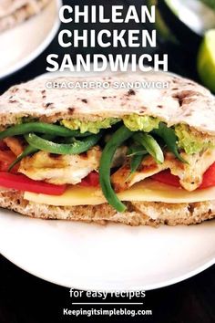 a chicken sandwich on a white plate with green beans and tomatoes in the background text reads, how to make grilled chicken sandwich sandwiches