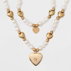 Cute Gold Beaded Necklace, Cute Gold Beaded Necklaces, Cute Pearl Jewelry With Heart Beads, Cute Gold Pearl Jewelry, Toddler Necklace, Jewelry Dress, Classic Pearl Necklace, Gold Heart Pendant, Pearl Heart