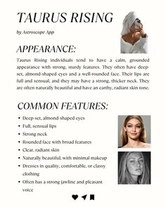 an advertisement for a beauty product with pictures of women's faces and the words, taurus rising apperance