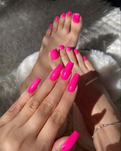 Gel Mani And Pedi Ideas, Pedicure Ideas Summer 2024 Pink, Summer Mani Pedi Combos, Pink Nails Bright, Mani Pedi Combos, Pink Toe Nails, Nails Toes, Bright Pink Nails, Acrylic Toes