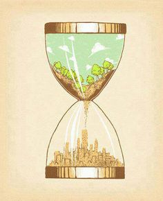 an hourglass with the city in it's center and trees growing out of it