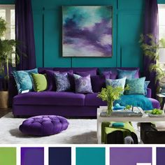 a living room filled with purple and green furniture next to a painting on the wall