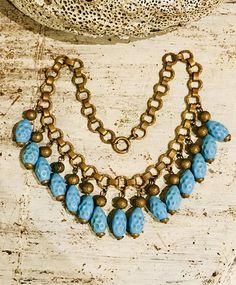 Beautiful Art Nouveau Art Deco Ornate Brass Robins Egg Blue Textured Art Glass Vintage Bib Festoon Necklace Artistic Blue Beaded Jewelry, Artistic Blue Beaded Necklace, Festoon Necklace, Robins, Usa Jewelry, Blue Texture, Bib Necklaces, Art Nouveau Jewelry, Handcrafted Necklace