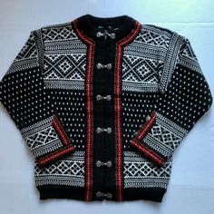 Vintage Dale Of Norway Black Multicolored Cardigan Sweater Size Men's Small Color: Black / White & Red 100% Pure Wool Long Sleeves Pewter Decorative Hardware Clasps I Have The Exact Cardigan In A Men's Small Listed In My Closet As Well. Tags: Nordic, Fair Isle, Norwegian, Fall, Winter, Warm, Layering, Ski, Outdoor Wear, Snow, Birdseye Print, Knit, Vintage, Retro, Jacket Dale Of Norway, Retro Jacket, Decorative Hardware, Outdoor Wear, Black White Red, Fair Isle, Colorful Sweaters, Cardigan Sweater, Norway