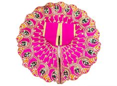 a pink and gold brocaded fan with an intricate design