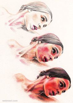 two women are shown in colored pencils