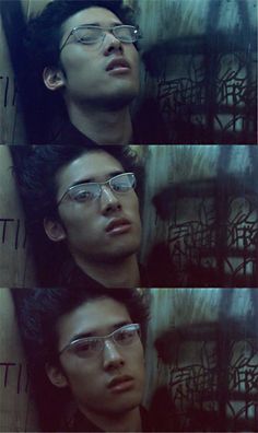 three different shots of a man with glasses laying on the ground in front of a wall