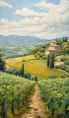 a painting of a path leading to a vineyard with trees and mountains in the background