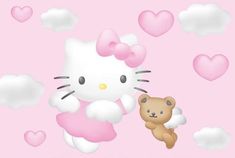 a hello kitty holding onto a teddy bear in the air with hearts floating all around