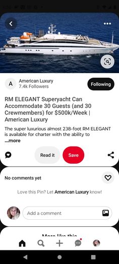 an iphone screenshot showing the app's profile and page settings for luxury yachts