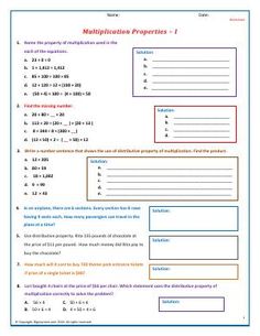 the worksheet for multiplication properties is shown in red and blue