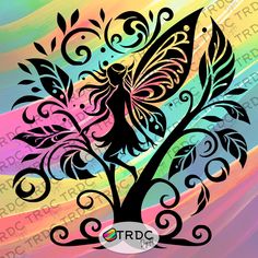 an artistic tree with swirly leaves and a bird on it's branch, in front of a multi - colored background