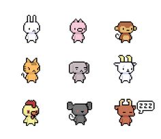 the pixel animals are all different colors and sizes