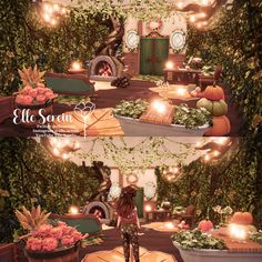 two pictures of a woman standing in front of a table with flowers and pumpkins on it