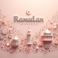 the ramadan mubarak greeting card is displayed on a pink background with white and silver decorations