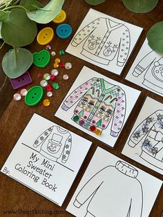 four children's clothing coloring pages on a table with green leaves and button buttons