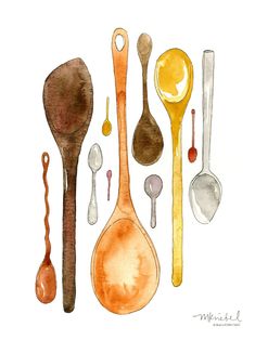 spoons and measuring spoons are drawn in watercolor