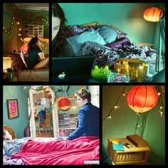 a collage of photos showing people in their bedroom and living room with lights strung from the ceiling