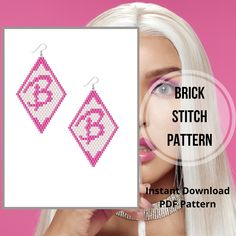 a woman with white hair wearing pink earrings and holding up a card that says brick stitch pattern